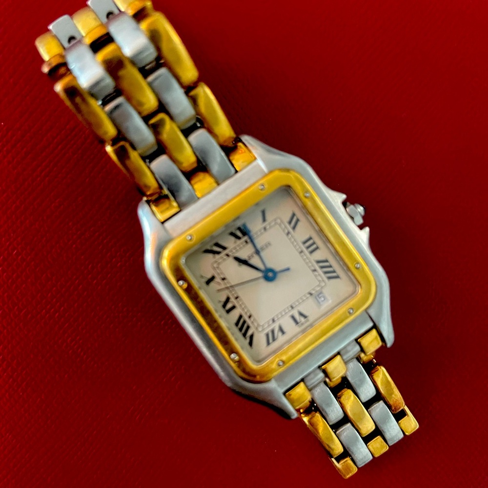 Cartier Panther 3 Row 18k Yellow Gold & Steel Sliver Dial Quartz